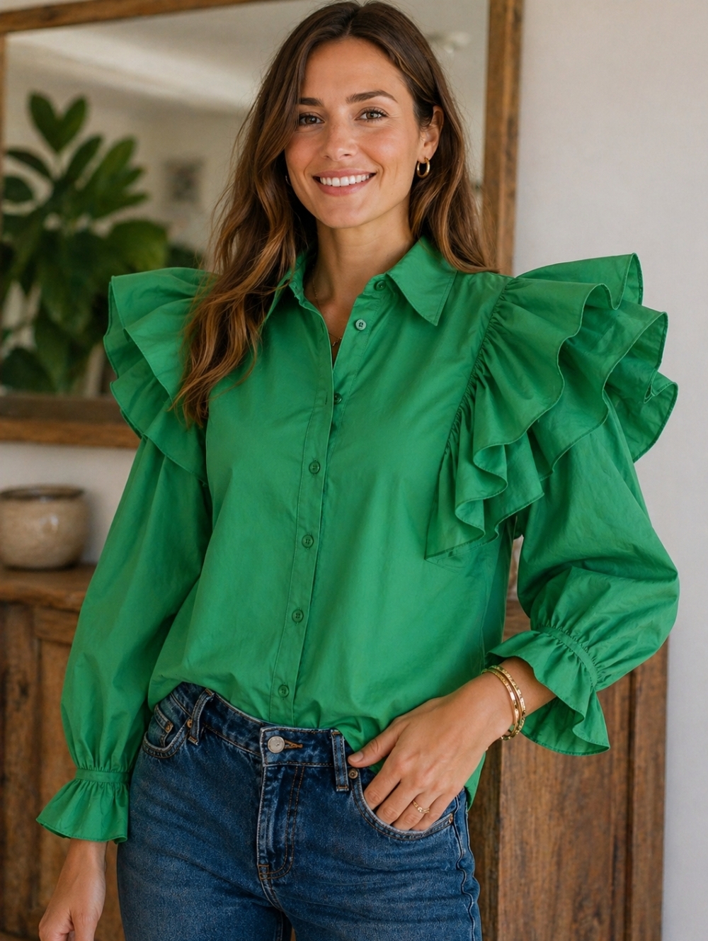 New Double Ruffle Womens Sm Green Button Down Shirt Balloon Sleeve St. Patricks